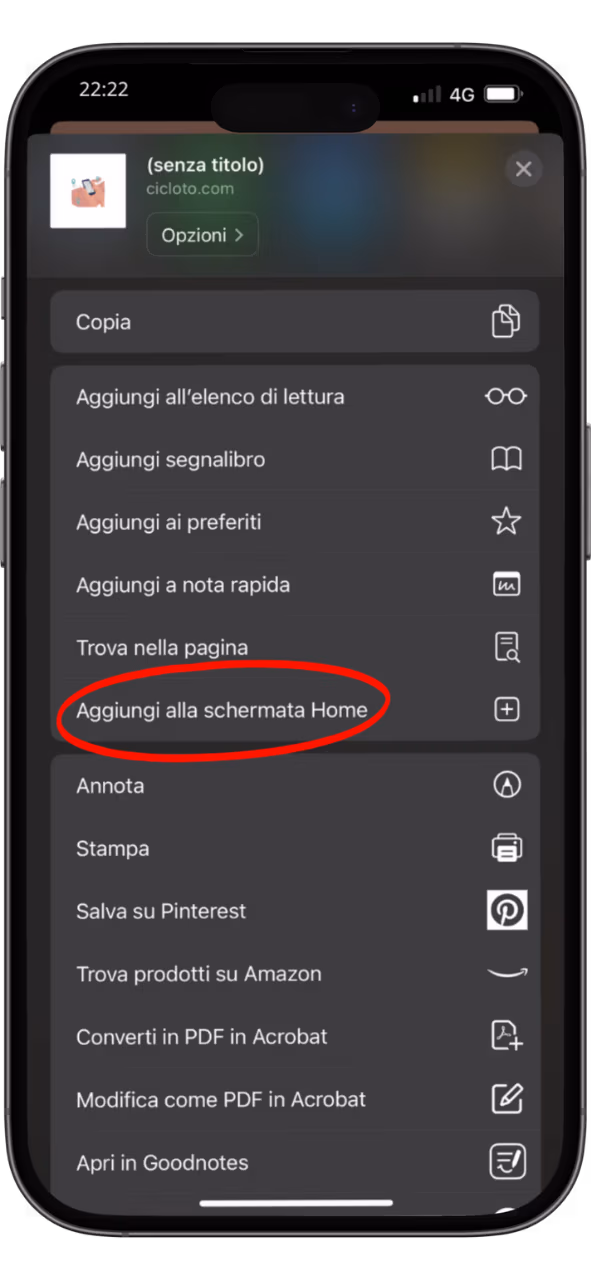 Menu Aggiungi a Home
